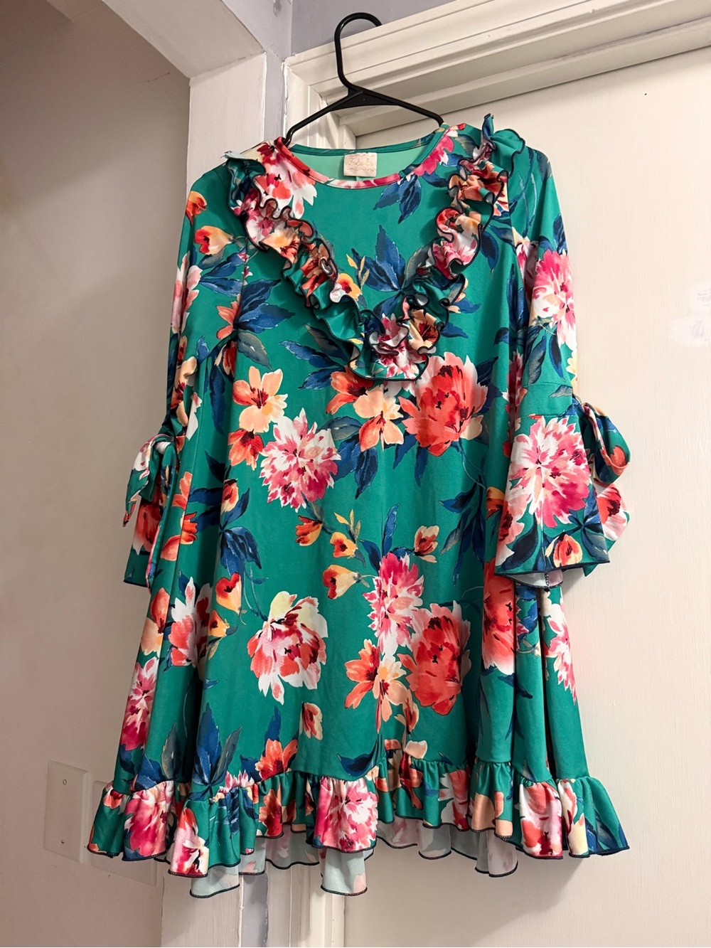 Womens Teal Floral Ruffle shirt